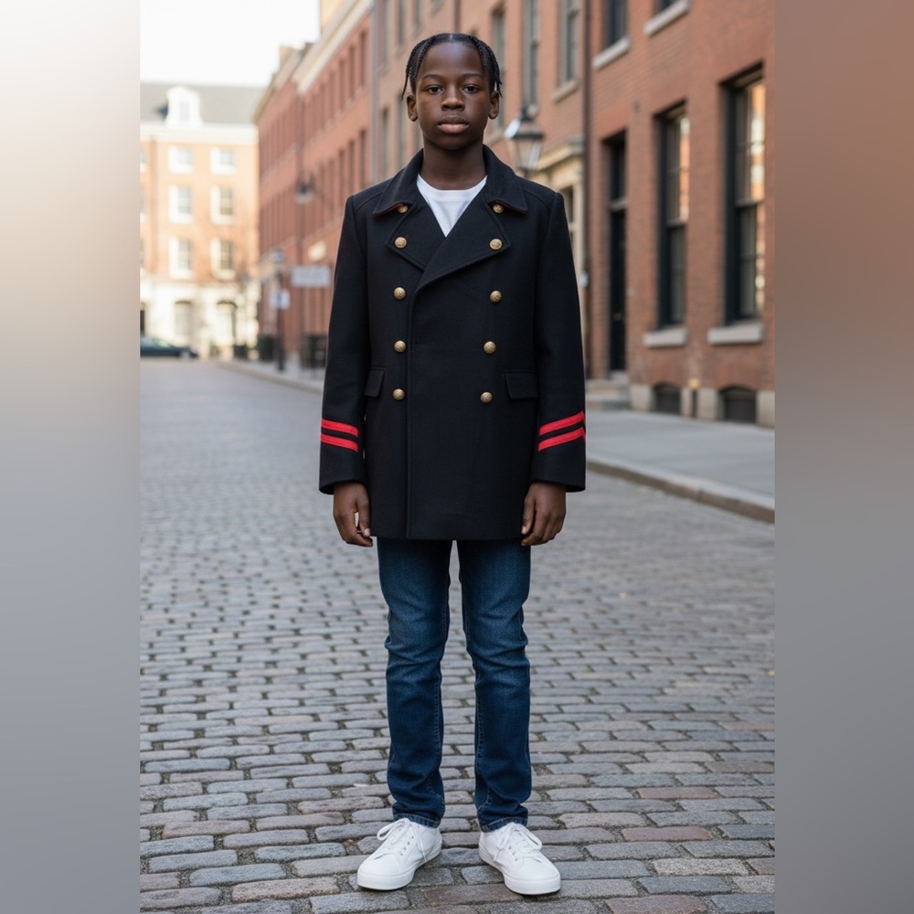 Zara Navy Pea Coat with Gold Buttons and Red Accents